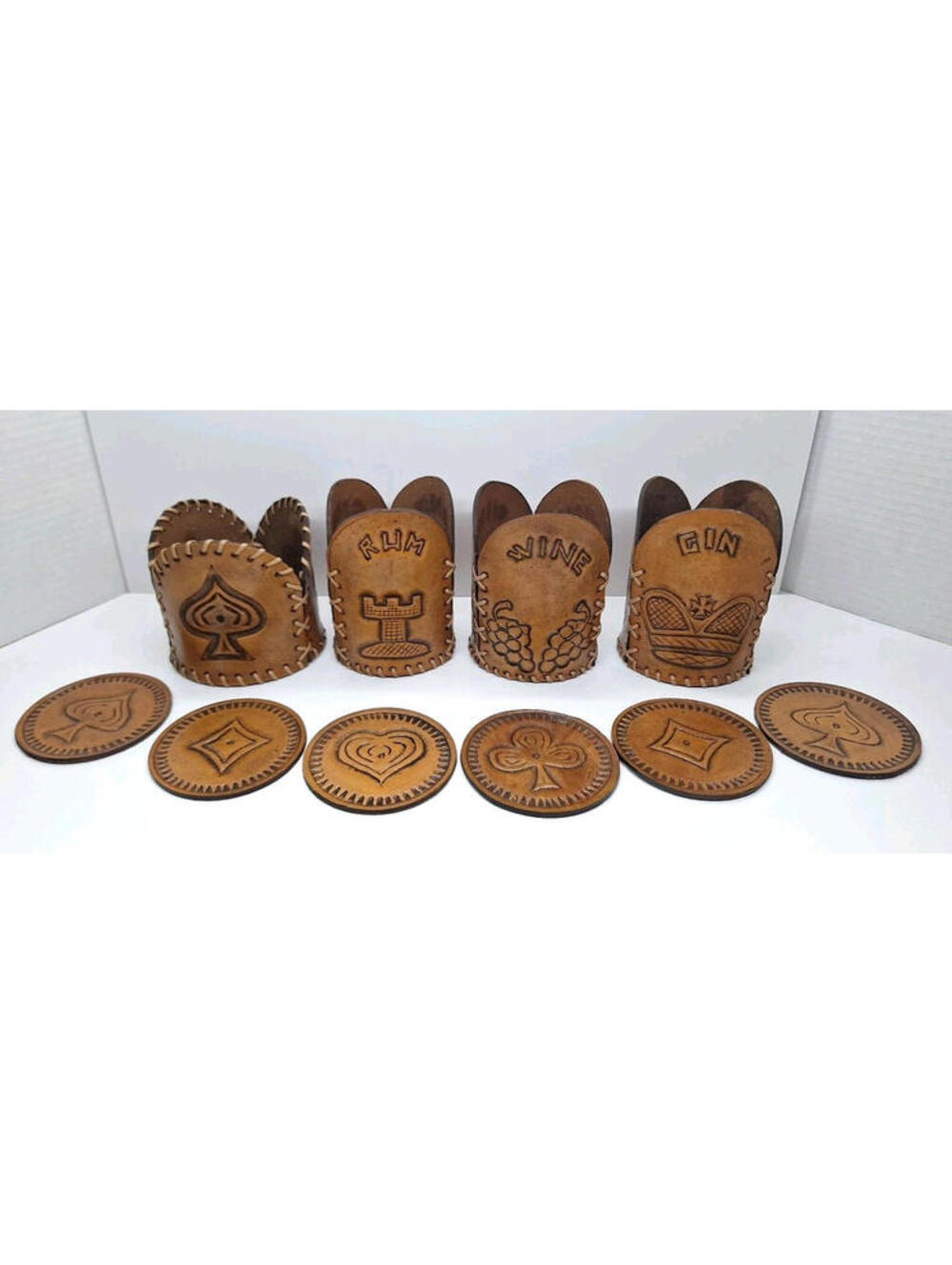 Vintage Rawhide Handmade Tooled Leather Drink Holder And Coaster Set 10 Pieces